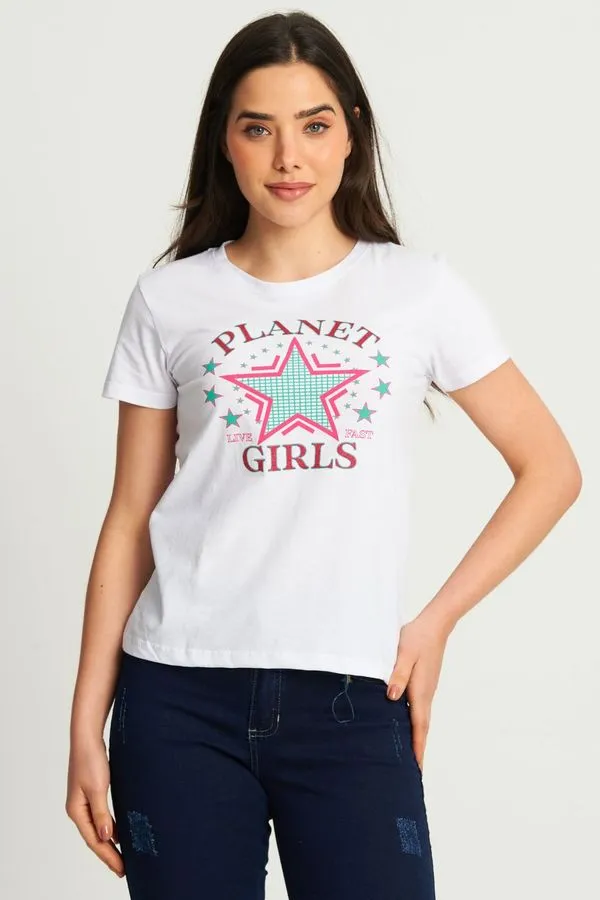 Camiseta Feminina Live Fast Planet Girls Branco PP