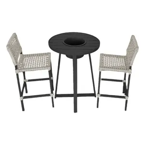 Kit 2 Banquetas Bistrô França Corda Náutica Areia Preto Bege Guimaraes Store Conjunto Bistrô Champanheira Tampo Ripado E 2 Banquetas França Corda Náutica Areia - Cor: Bege