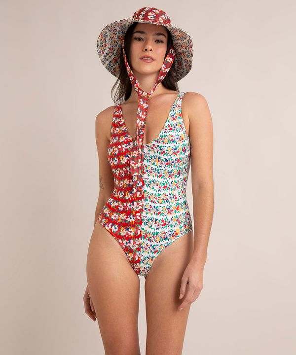 maiô body frente única com recorte estampado floral sem bojo com proteção uv50+ lulu novis vermelho GG