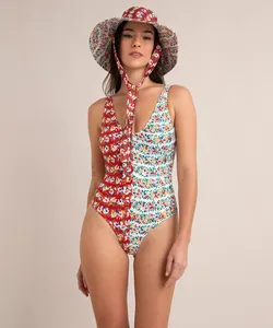 maiô body frente única com recorte estampado floral sem bojo com proteção uv50+ lulu novis vermelho P