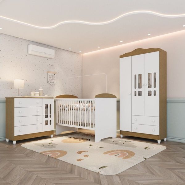 Quarto Bebê Completo Berço 100% Mdf Branco com Bétula Branco com Bétula