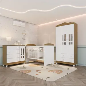 Quarto Bebê Completo Berço 100% Mdf Branco com Bétula Branco com Bétula