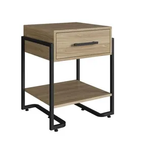 Criado Mudo Quarto Industrial Moderno 49cm Mesa de Cabeceira Oak Metal Preto Placa e Ponto