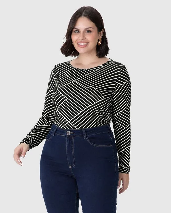Blusa Feminina Plus Size Estampada Manga Longa Em Viscose Stretch Preto - G5