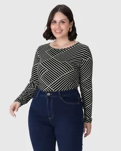Blusa Feminina Plus Size Estampada Manga Longa Em Viscose Stretch Preto - G5