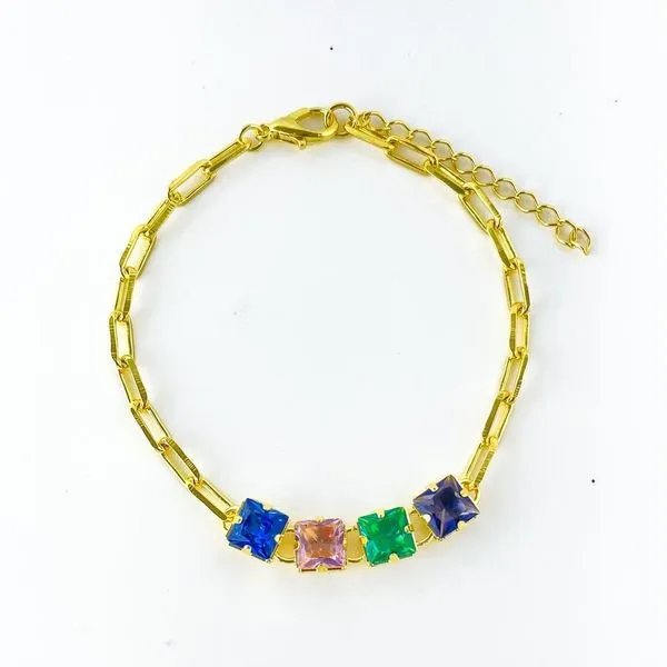 Pulseira Elos E Riviera Colorida Banhada A Ouro 18k