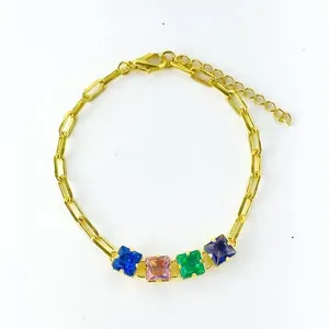 Pulseira Elos E Riviera Colorida Banhada A Ouro 18k