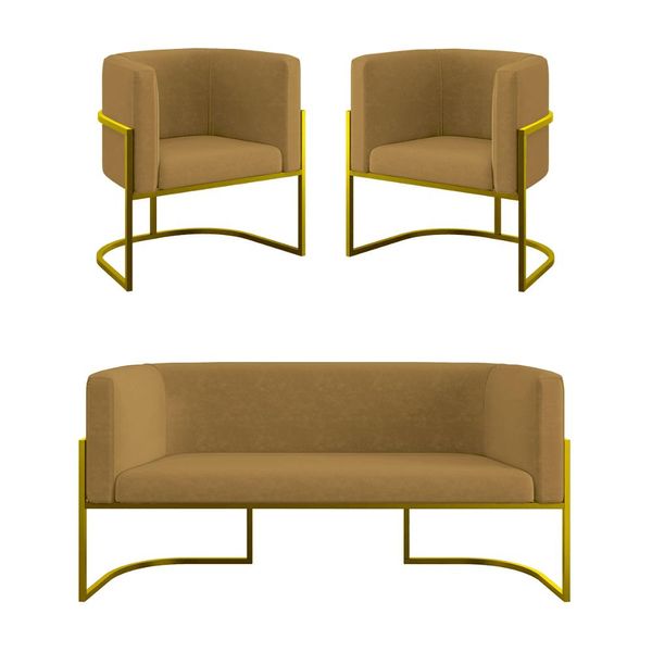 Kit 2 Poltronas + Sofá 2 Lugares Base de Metal Gold Balaqui