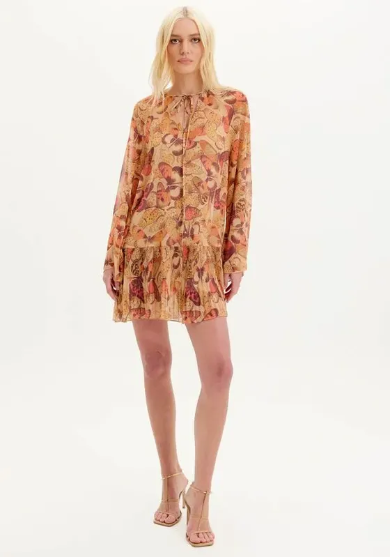 Vestido Curto Fluido Estampado Bege P
