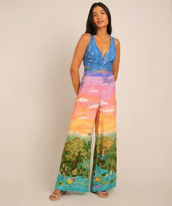 calça pantalona de viscose estampada paisagem cintura super alta multicor 40