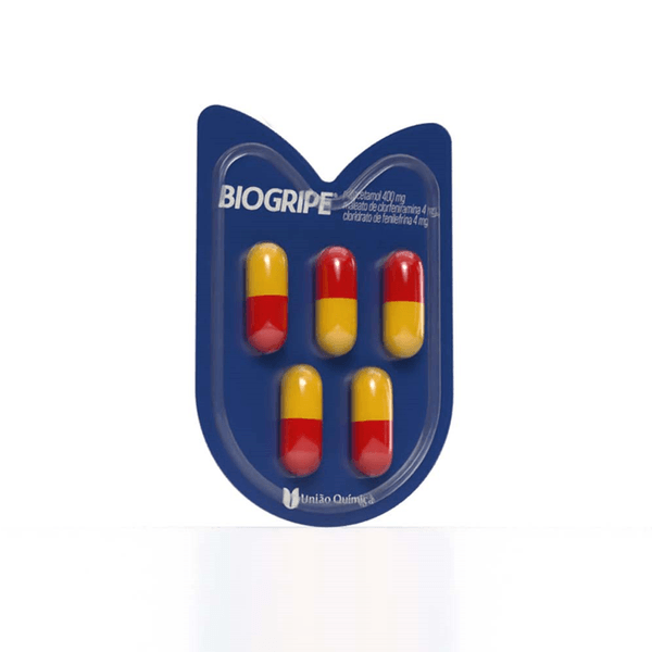 Analgésico, Antigripal, Antitérmico e Descongestionante Biogripe 400mg + 4mg + 4mg 5 Cápsulas Duras