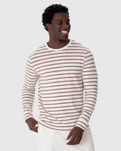Camiseta Masculina Slim Listrada Manga Longa Em Algodão Off White - XGG