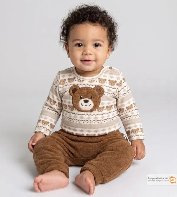 Conjunto Body Urso Pelúcia Marrom - P