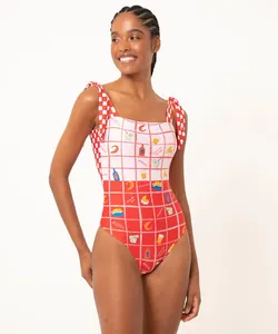 maiô regata quadriculado com amarração la pomponera com proteção uv50+ vermelho M