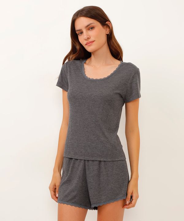 camiseta de pijama manga curta canelado com renda cinza PP