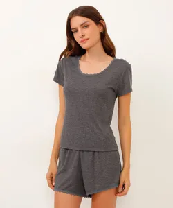 camiseta de pijama manga curta canelado com renda cinza P