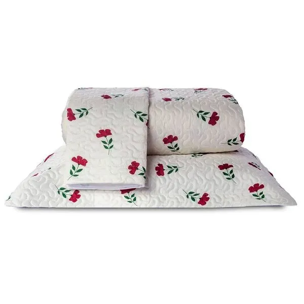 Cobre Leito Queen Basic Dupla Face 180 Fios 3 Peças Flores Vermelhas