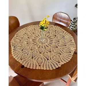Toalha de Centro de Mesa Abacaxi Crochê Feita à Mão 90cm Champanhe Artesanal Toalha de Centro de Mesa Abacaxi Crochê 90cm Champanhe Artesanal