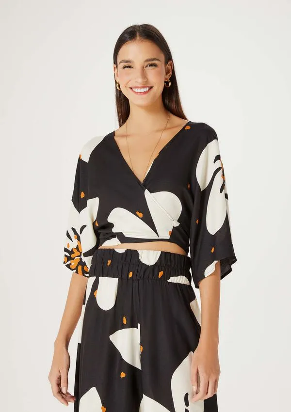 Blusa Cropped Feminina Estampada - Preto G