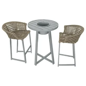 Kit 2 Banquetas Bistrô Mesa Champanheira Tampo Ripado Cinza Bege Guimaraes Store Conjunto Bistrô Champanheira Cinza Tampo Ripado E 2 Banquetas Reis Corda Náutica Rami - Cor: Bege