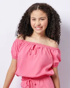 Blusa Juvenil Cropped Manga Curta Com Lastex Rosa 10