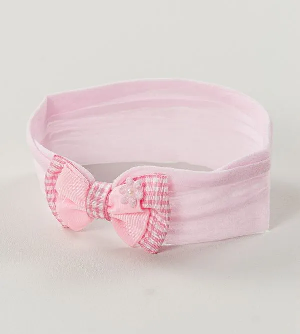 Faixa de Cabelo Laço e Flor Xadrez Rosa Rosa