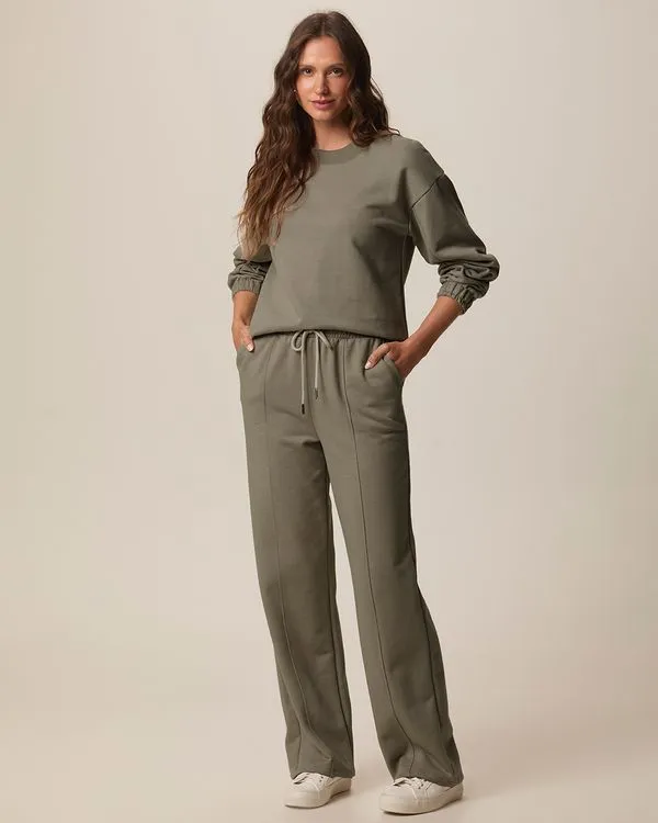 Calça Reta Feminina Cós Elástico Em Moletom Mesclado Flanelado Marrom - PP