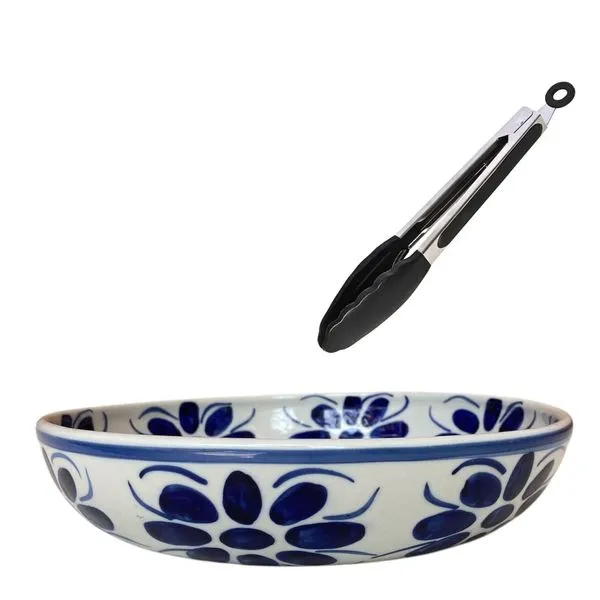 Saladeira RASA de porcelana pintada à mão com pegador inox