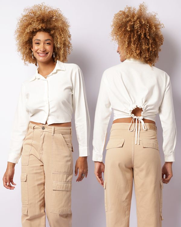 Camisa Feminina Cropped Viscolinho Cordão De Ajuste Off White P