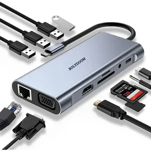 Hub Adaptador USB-C 11 em 1 Multiportas com HDMI 4K VGA RJ45 Ethernet USB 3.0 SD TF AUX PD 87W Hub USB-C 11 em 1 com HDMI 4K VGA RJ45 USB 3.0 SD TF AUX PD 87W