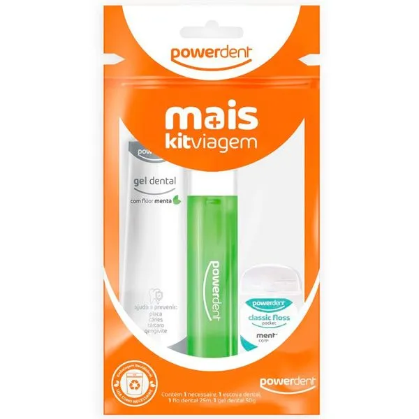 Kit Viagem PowerDent Creme Dental + Escova + Fio 25m