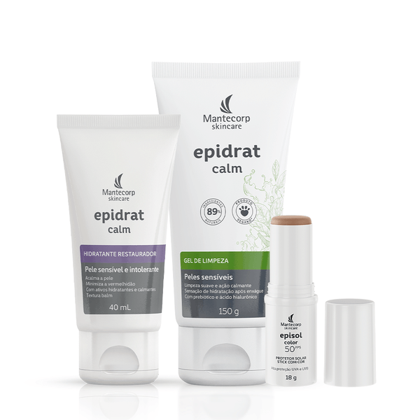 Kit Rotina Pele Sensível Epidrat Calm Gel de Limpeza 150g + Hidratante 40ml + Episol Color Stick FPS 50 Tom 3 Médio