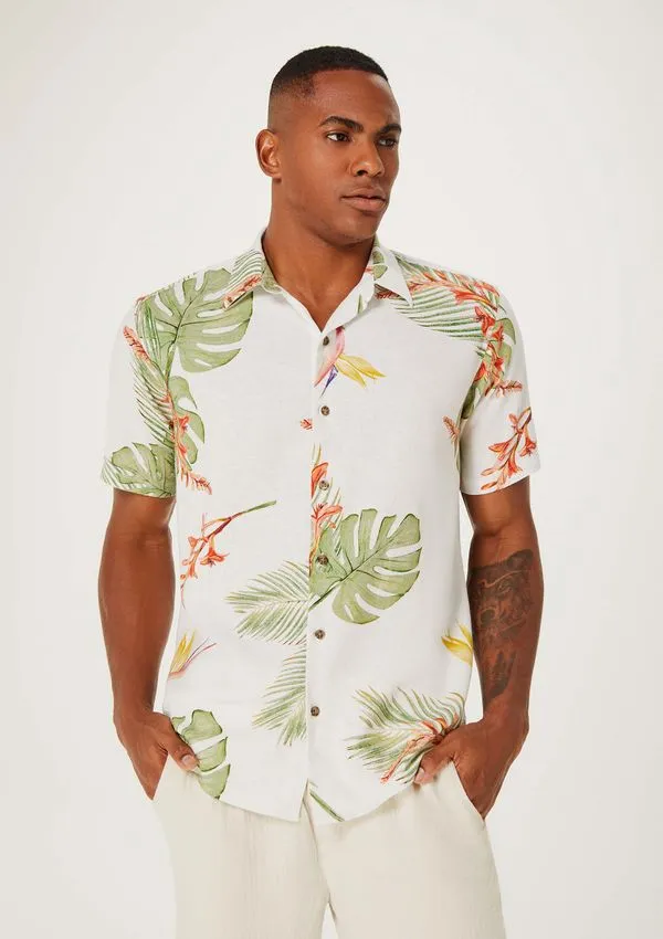 Camisa Masculina Manga Curta Estampada Em Linho - Off white XG