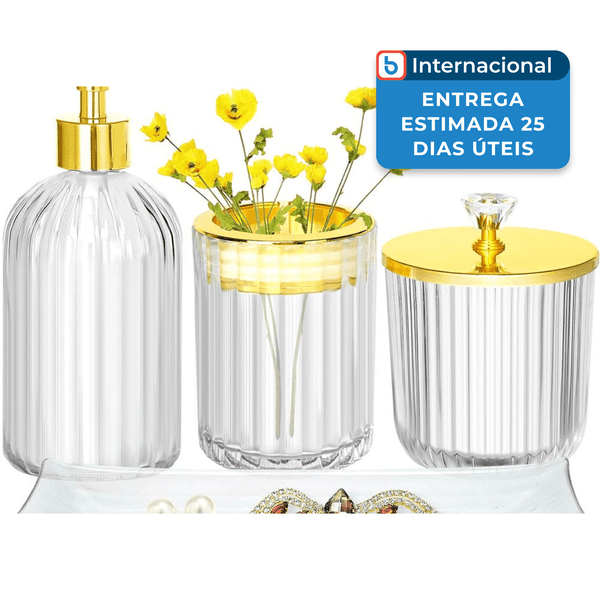 Conjunto De Acessorios Haturi Com 4 Peças Para Banheiro Transparente E Dourado A-MBI