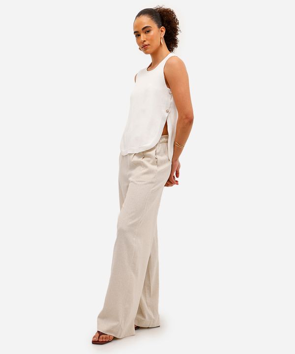 calça wide leg feminina com pences e linho bege 40