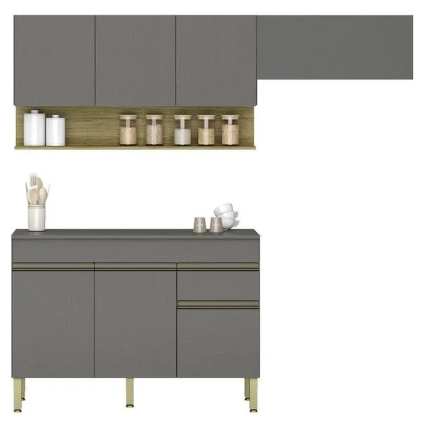 Armário De Cozinha 3 Peças Balcão Com Tampo 120cm Lina05 Z06 Gris-freijó - Mpozenato