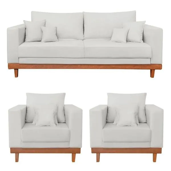 Kit 2 Poltronas Living + Sofá 3 Lugares Base Madeira Linho Bege