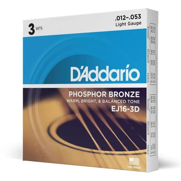Encordoamento para Violão Aço EJ16-3D Phosphor Bronze 12-53 3 Jogos D'Addario Encordoamento Violão EJ16-3D Phosphor Bronze 12-53 3 Jogos D'Addario