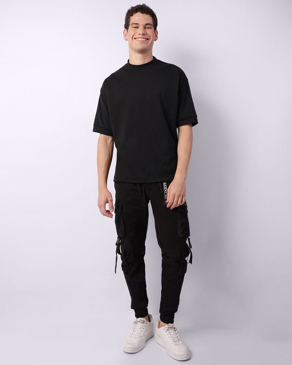 Calça Masculina Sarja Cargo Jogger Streetwear Preta 48