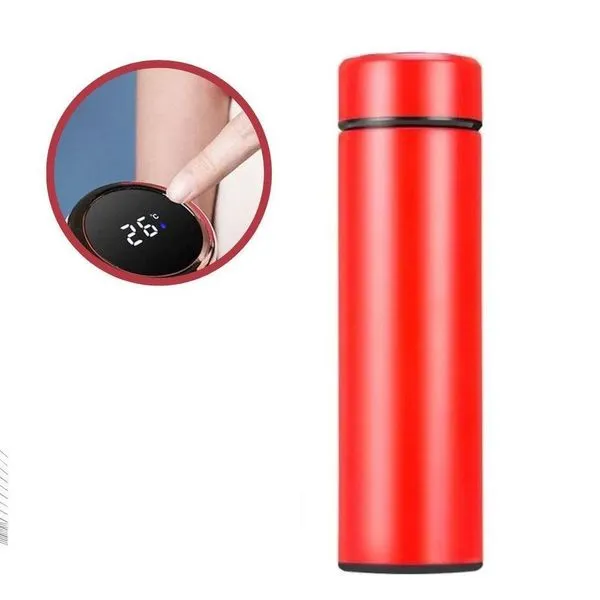 Garrafa Termica Inox 480ml Com Display Lcd Termometro Copo Termico Medidor De Temperatura Vermelho Luxo