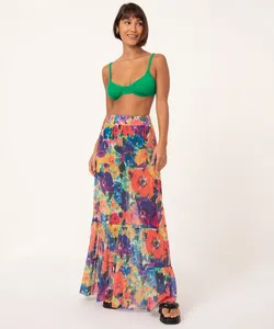 saia longa de tule floral multicor G