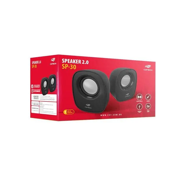 Speaker 2.0 SP-30BK com Áudio Estéreo 2.0 e Ajuste de Volume no Cabo Preto C3tech Speaker 2.0 SP-30BK com Sistema de Áudio 2.0 e Blindagem Eletromagnética Preto C3tech
