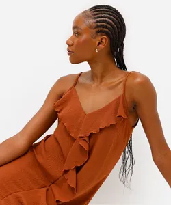 vestido curto feminino alça fina com babados texturizado marrom P