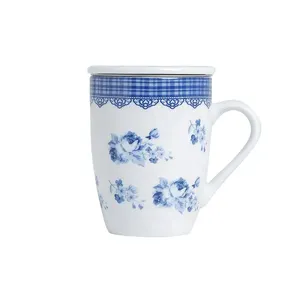 Caneca de Porcelana Super White Com Tampa E Filtro Grécia Azul E Branca 310ml - Lyor
