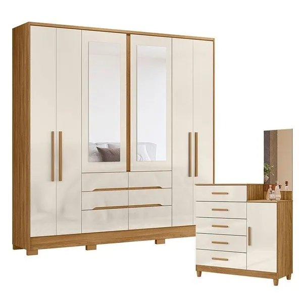 Guarda Roupa Casal e Cômoda San Francisco Lisboa 7 Portas 11 Gavetas em MDP 216cm Off White Moval Guarda Roupa Casal e Cômoda San Francisco Lisboa 7 Portas 11 Gavetas MDP 216cm Off White Moval