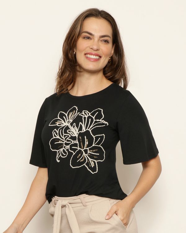 Blusa Feminina Manga Curta Estampa Floral Preta G