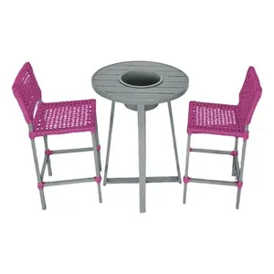 Kit Mesa Bistrô Champanheira Com 2 Banquetas França Cinza e Rosa Guimaraes Store Conjunto Bistrô Champanheira Cinza Tampo Ripado E 2 Banquetas França Corda Náutica Rosa - Cor: Rosa