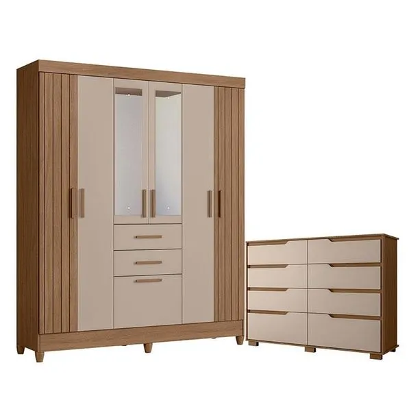 Guarda Roupa Solteiro Malta com Cômoda Georgia 7 Portas 10 Gavetas MDP MDF 165 cm Fendi Moval Guarda Roupa Solteiro Malta e Cômoda Georgia 7 Portas 10 Gavetas 165 cm Fendi Moval