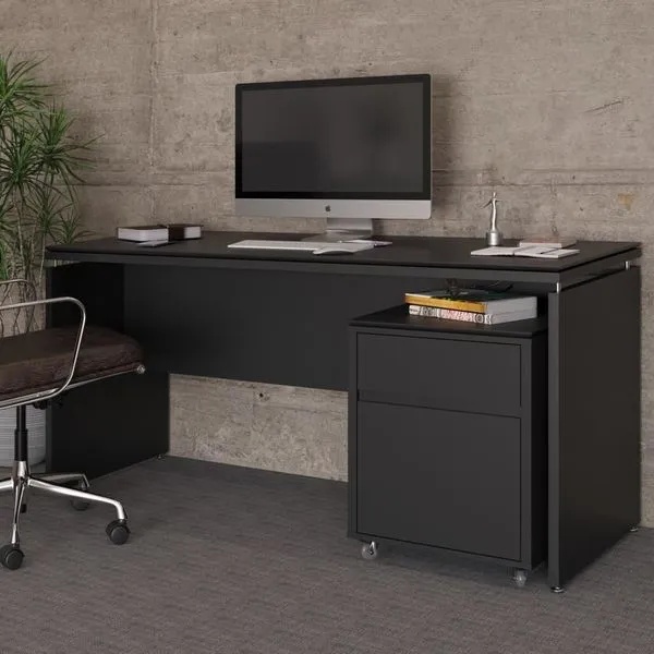 Conjunto De Escritório 2 Peças Mesa Gaveteiro 2 Gavetas Tund - Preto Preto