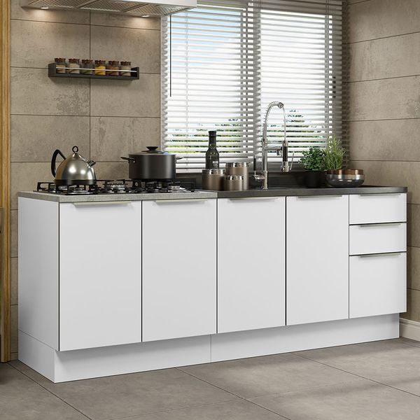 Kit com 2 Balcões de Cozinha Madesa Lux 4 Portas 3 Gavetas (Sem Tampo e Pia) Branco/Branco Veludo Cor:Branco/Branco Veludo